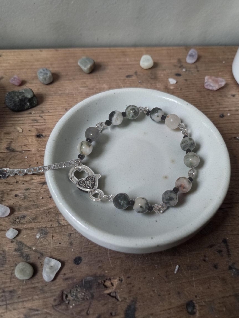 Handcrafted Tree Agate And Glass Bead Bracelet